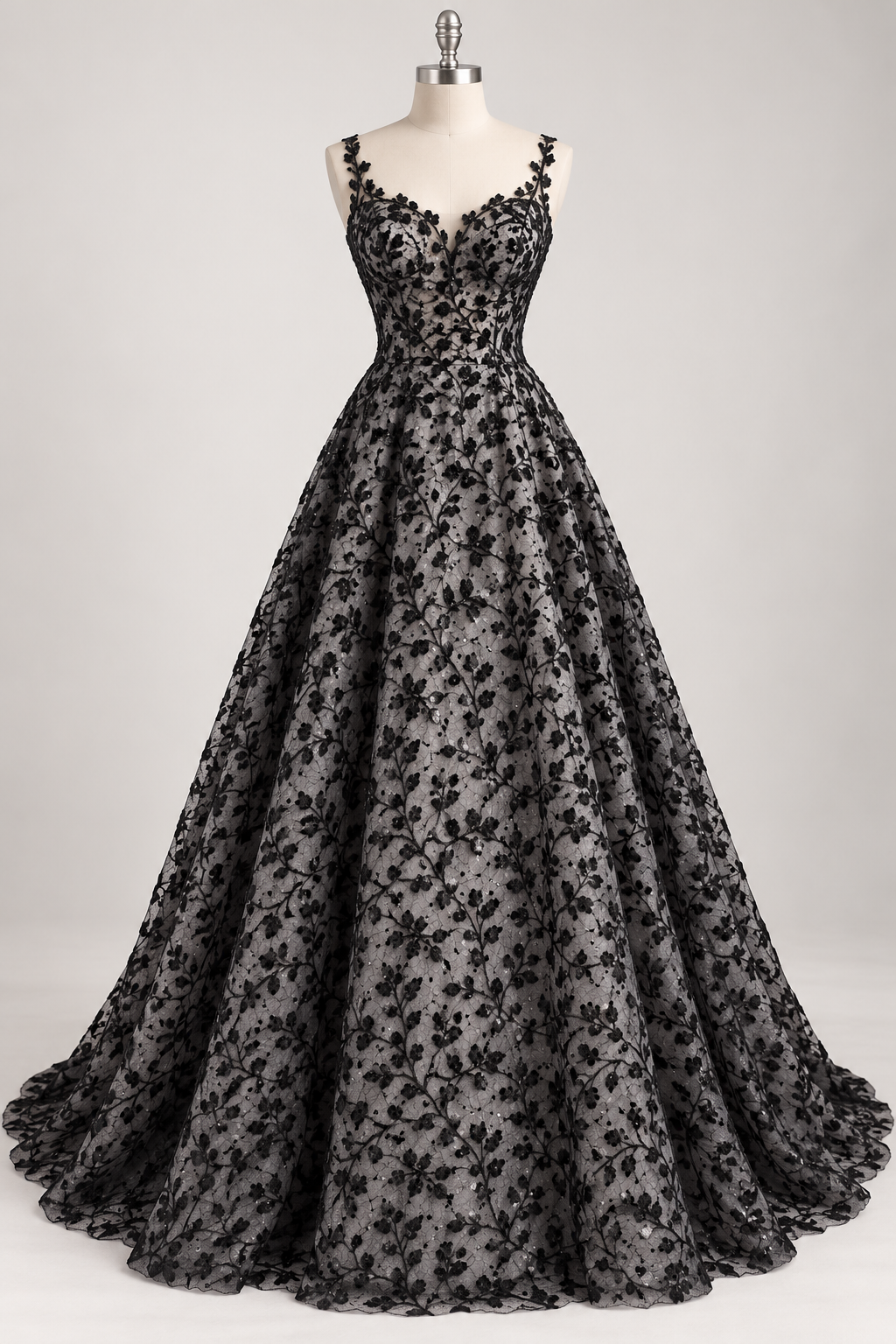 Inspiración de vestido generada con IA: Tul Bordado Con Diseño Floral y Ramas Con Aplicaciones de Lentejuela Color Negro -HH201 ideal para vestidos de noche de boda y de XV años; se vende la tela.