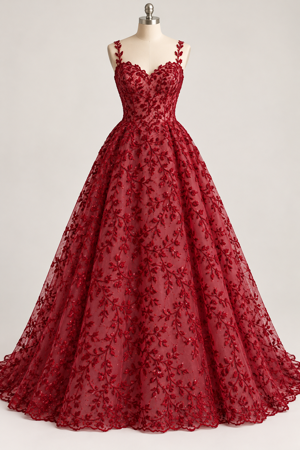 Inspiración de vestido generada con IA: Tul Bordado Con Diseño Floral y Ramas Con Aplicaciones de Lentejuela Color Rojo-HH201 ideal para vestidos de noche de boda y de XV años; se vende la tela.