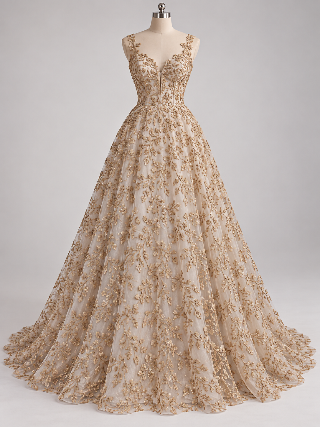 Inspiración de vestido generada con IA: Tul Bordado Con Diseño Floral y Ramas Con Aplicaciones de Lentejuela Color Oro -HH201 ideal para vestidos de noche de boda y de XV años; se vende la tela.