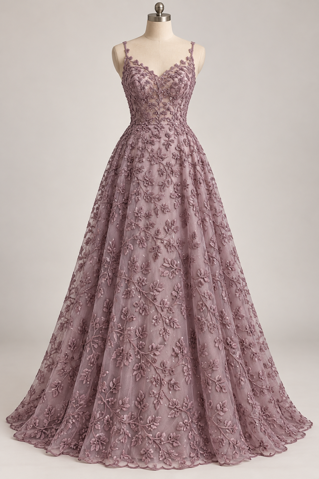 Inspiración de vestido generada con IA: Tul Bordado Con Diseño Floral y Ramas Con Aplicaciones de Lentejuela Color Lavanda -HH201 ideal para vestidos de noche de boda y de XV años; se vende la tela.