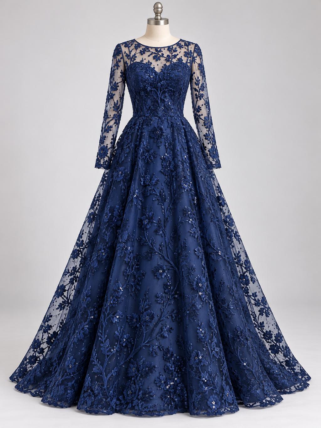 Inspiración de vestido generada con IA: Tul Bordado Con Diseño Floral y Ramas Con Aplicaciones de Lentejuela Color Azul Marino -HH201 ideal para vestidos de noche de boda y de XV años; se vende la tela.