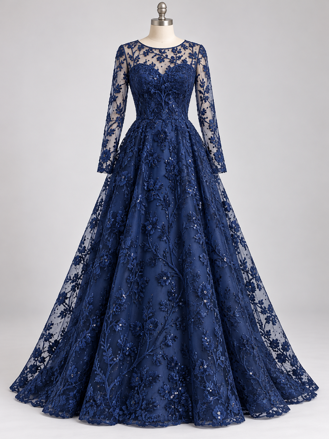 Inspiración de vestido generada con IA: Tul Bordado Con Diseño Floral y Ramas Con Aplicaciones de Lentejuela Color Azul Marino -HH201 ideal para vestidos de noche de boda y de XV años; se vende la tela.