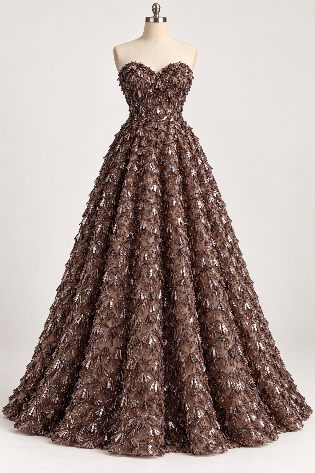 Inspiración de vestido generada con IA: Tul Bordado Con Textura De Flequillos en Lentejuela Color Café -HH209 ideal para vestidos de noche de boda y de XV años; se vende la tela.
