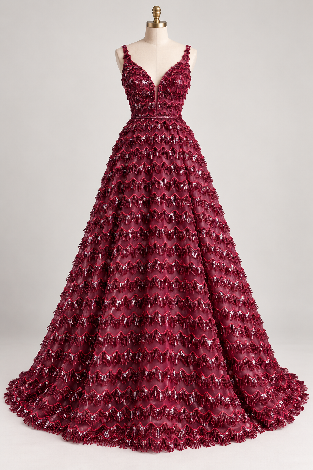 Inspiración de vestido generada con IA: Tul Bordado Con Textura De Flequillos en Lentejuela Color Vino -HH209 ideal para vestidos de noche de boda y de XV años; se vende la tela.