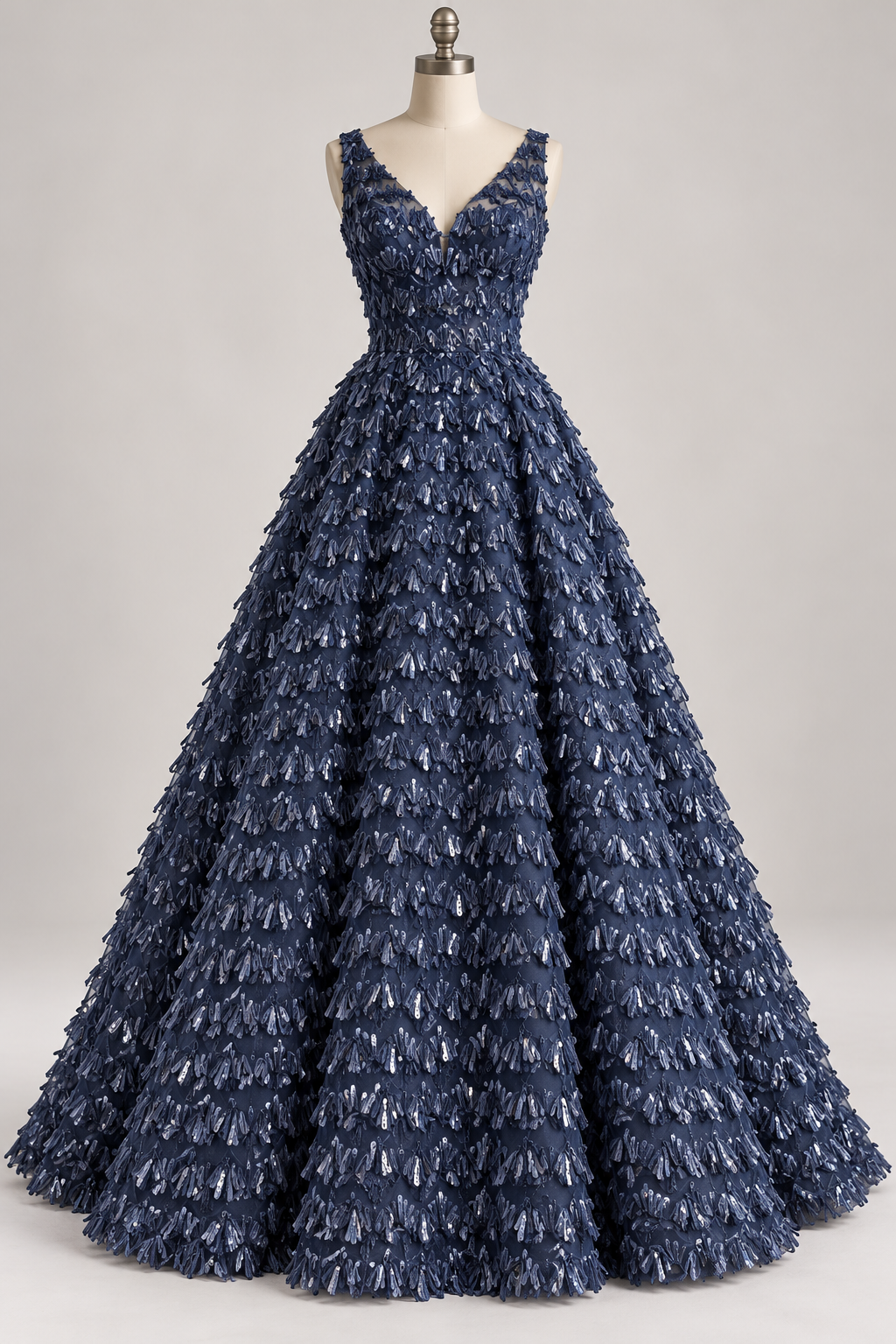 Inspiración de vestido generada con IA: Tul Bordado Con Textura De Flequillos en Lentejuela Color Azul Marino -HH209 ideal para vestidos de noche de boda y de XV años; se vende la tela.