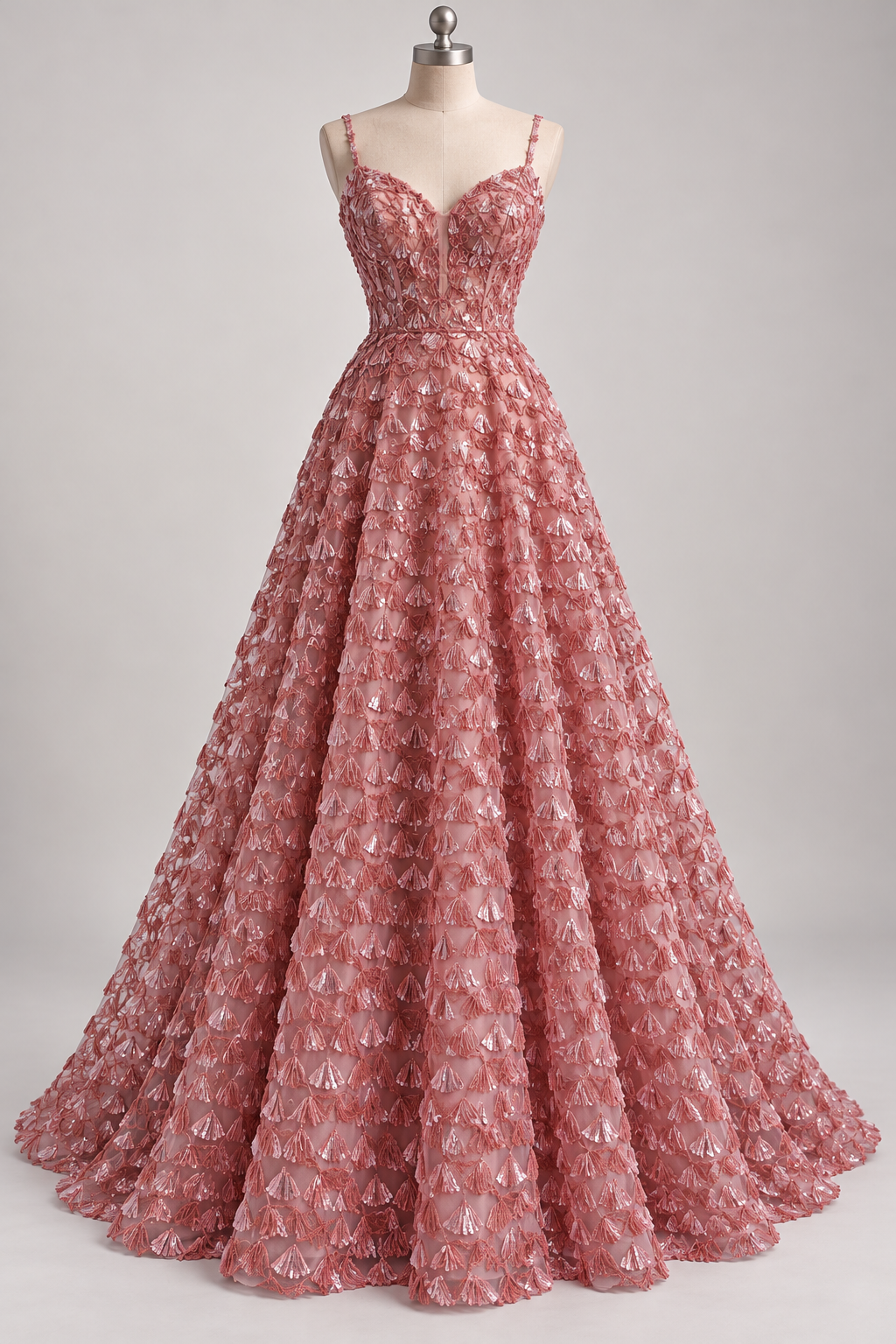 Inspiración de vestido generada con IA: Tul Bordado Con Textura De Flequillos en Lentejuela Color Palo de Rosa -HH209 ideal para vestidos de noche de boda y de XV años; se vende la tela.