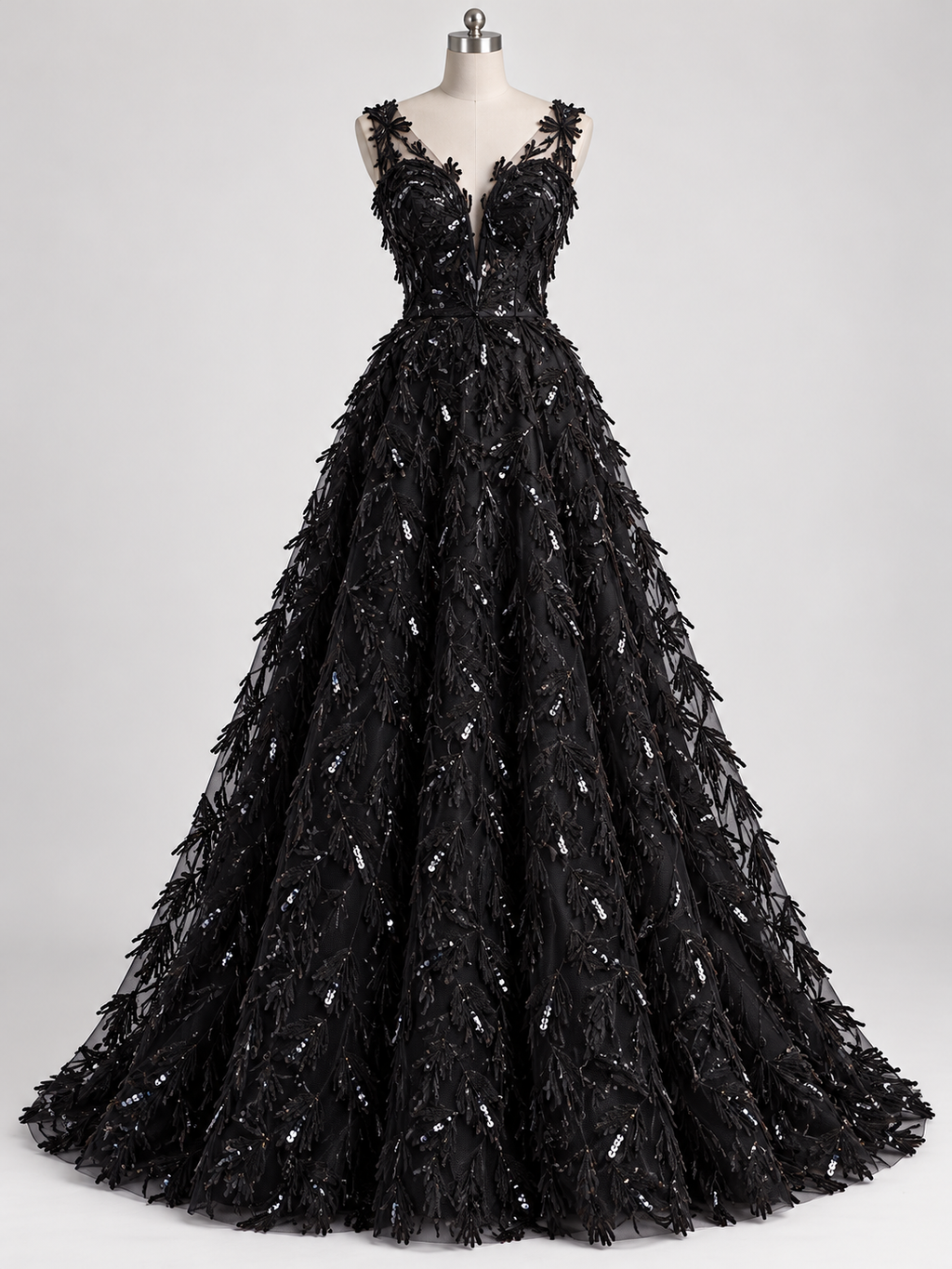Inspiración de vestido generada con IA: Tul Bordado Con Textura De Flequillos en Lentejuela Color Negro -HH209 ideal para vestidos de noche de boda y de XV años; se vende la tela.
