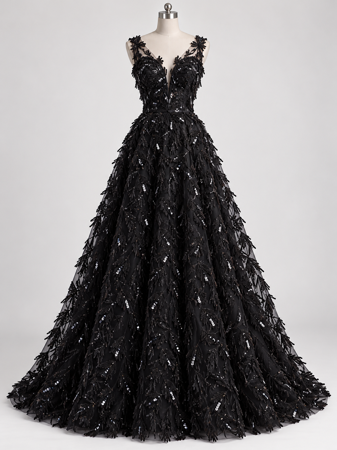 Inspiración de vestido generada con IA: Tul Bordado Con Textura De Flequillos en Lentejuela Color Negro -HH209 ideal para vestidos de noche de boda y de XV años; se vende la tela.
