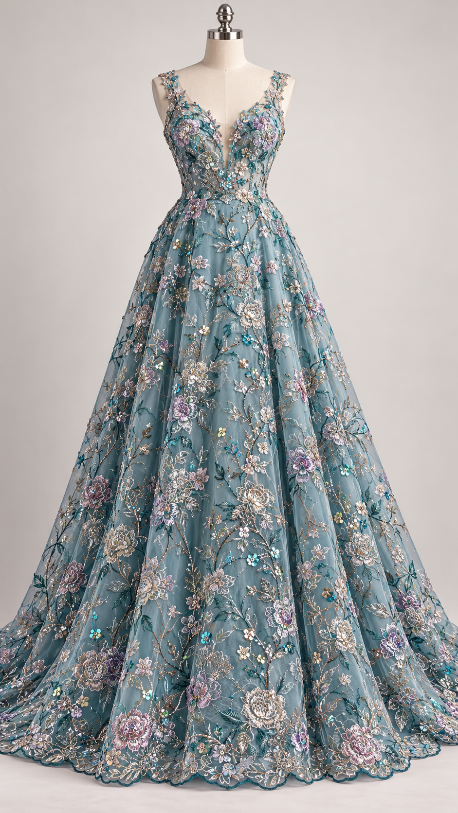 Inspiración de vestido generada con IA: Tul Bordado Floral Multicolor Con Lentejuelas Y Chaquira Color Jade -HH210 ideal para vestidos de noche de boda y de XV años; se vende la tela.