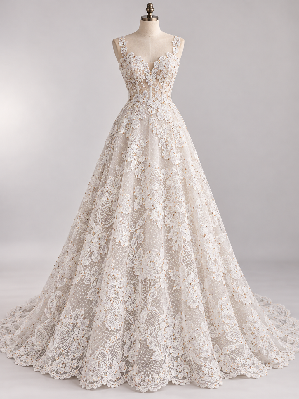 Inspiración de vestido generada con IA: Tul Bordado Floral Con Lentejuelas Oro Color Hueso -HH214 ideal para vestidos de noche de boda y de XV años; se vende la tela.