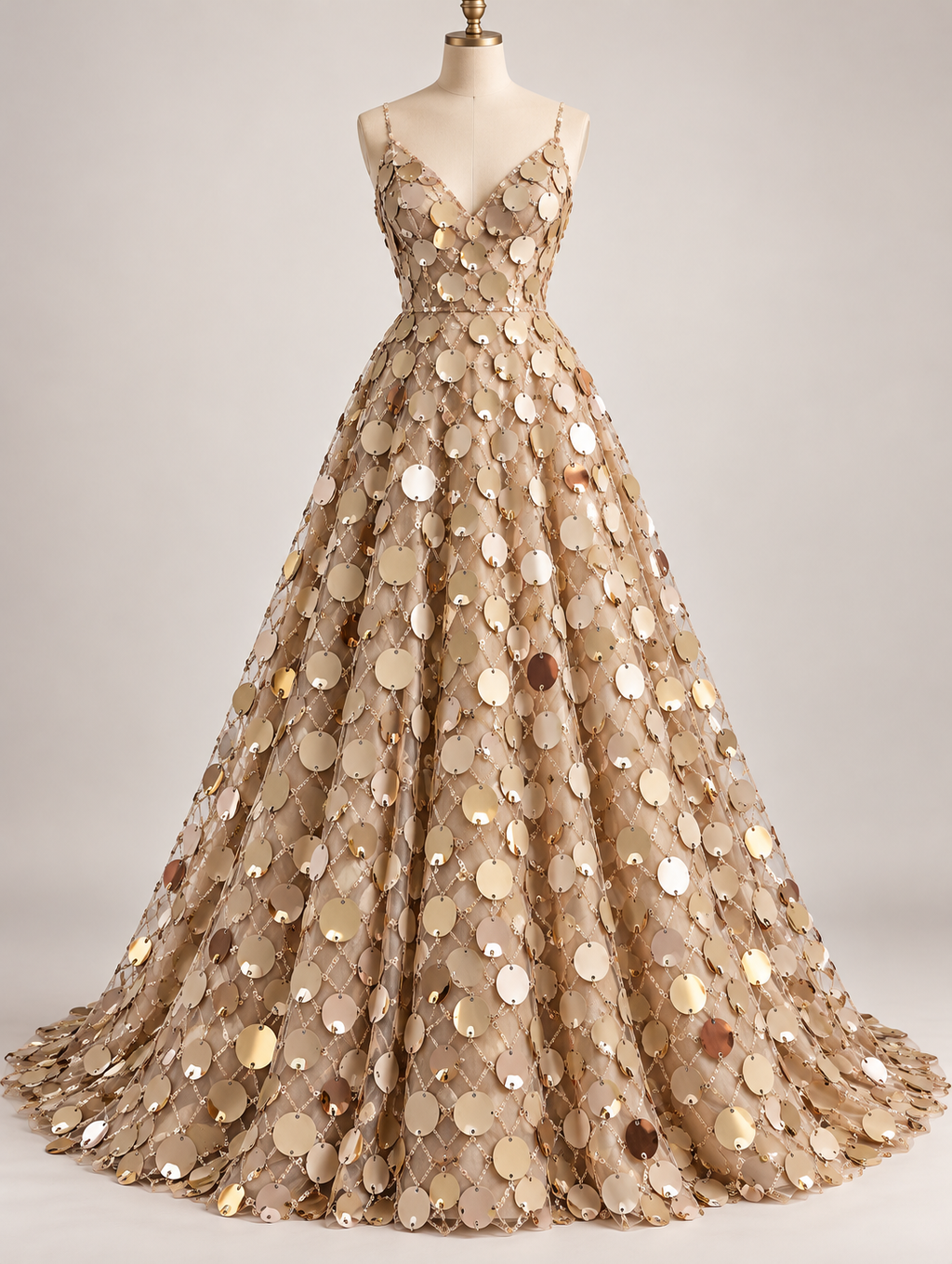 Inspiración de vestido generada con IA: Tul Bordado De Lentejuela Grande Color Oro -HH219 ideal para vestidos de noche y de XV años; se vende la tela.