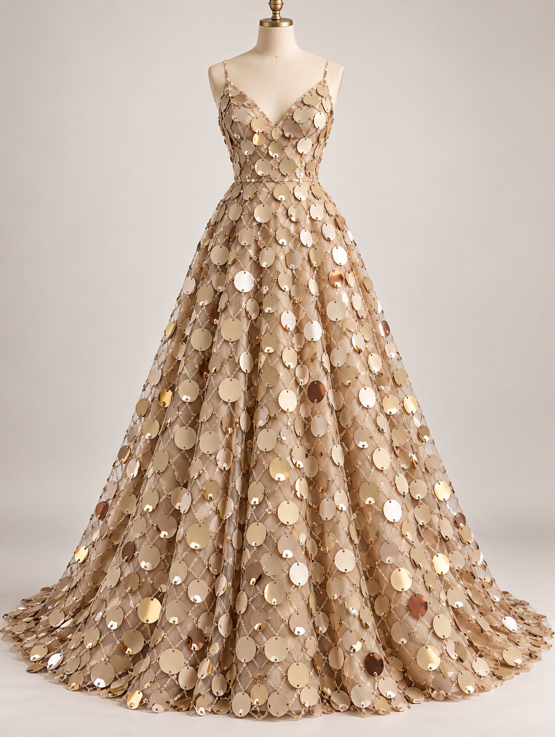 Inspiración de vestido generada con IA: Tul Bordado De Lentejuela Grande Color Oro -HH219 ideal para vestidos de noche y de XV años; se vende la tela.