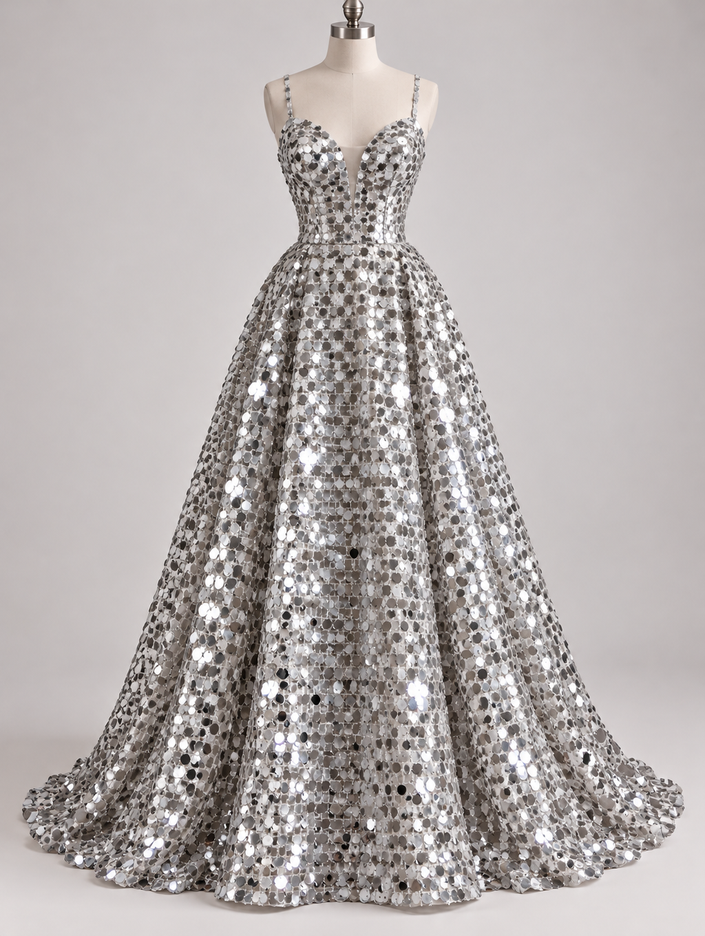 Inspiración de vestido generada con IA: Tul Bordado De Lentejuela Grande Color Gris-Plata -HH219 ideal para vestidos de noche y de XV años; se vende la tela.