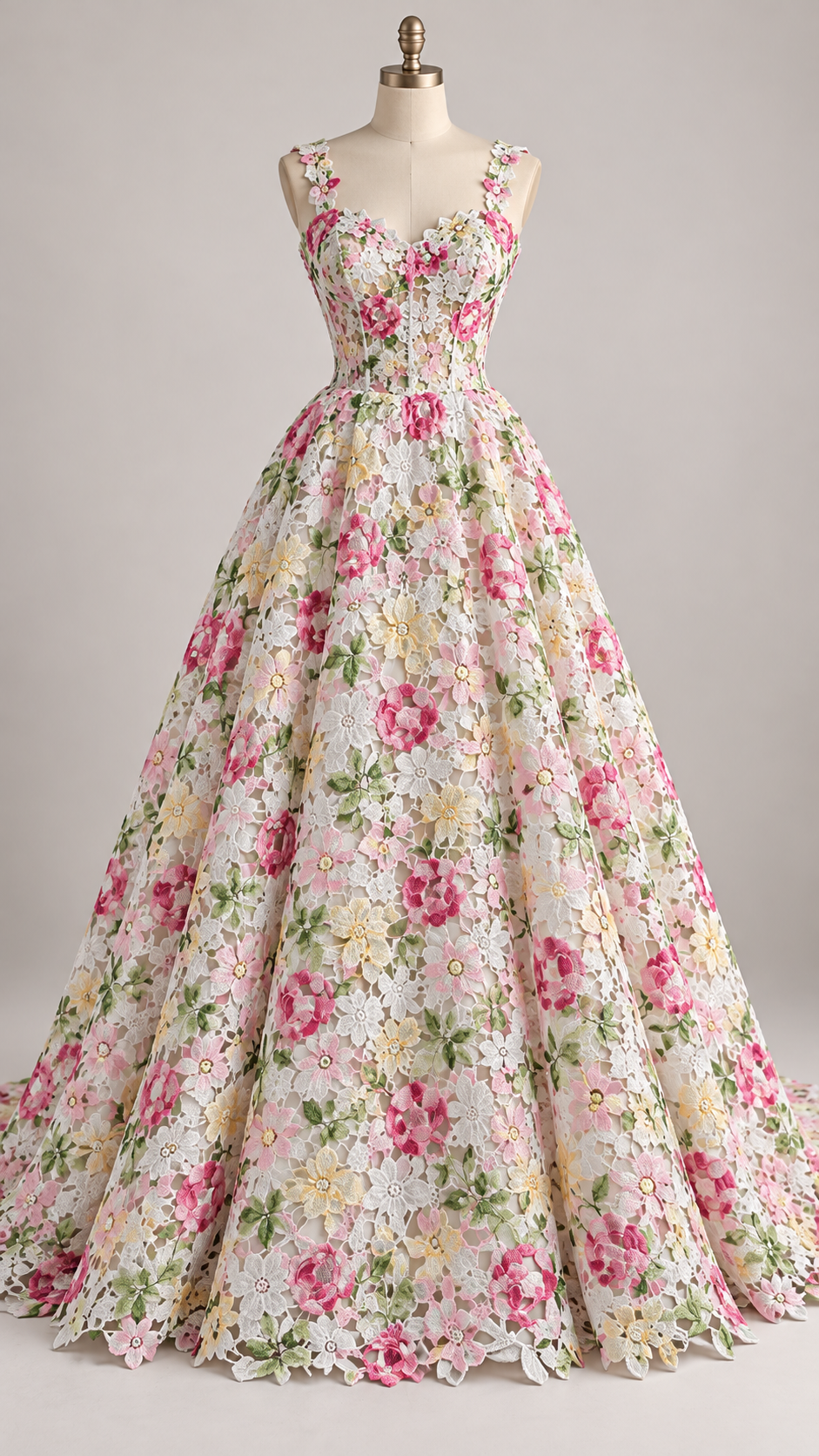 Inspiración de vestido generada con IA: Tul Bordado Estampado Floral Colores Multicolor (Rosa, Verde, Amarillo y Blanco) -HH222 ideal para vestidos de noche y de XV años; se vende la tela.