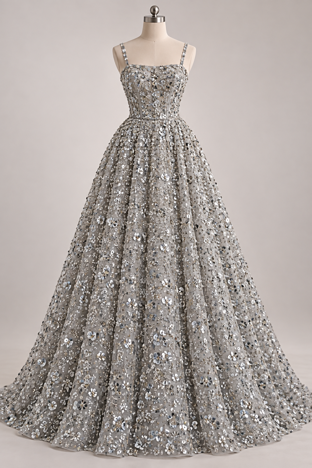 Inspiración de vestido generada con IA: Tul Bordado Con Flores 3d, Lentejuela, Chaquira Y Canutillo Color Plata -HH226 ideal para vestidos de noche y de XV años; se vende la tela.