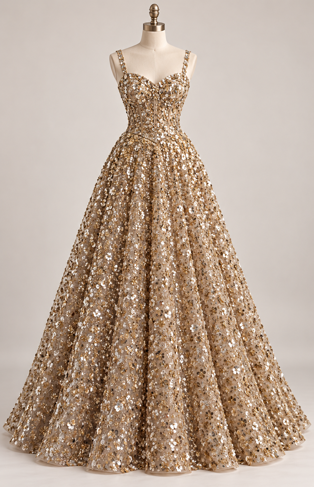 Inspiración de vestido generada con IA: Tul Bordado Con Flores 3d, Lentejuela, Chaquira Y Canutillo Color Oro- HH226 ideal para vestidos de noche y de XV años; se vende la tela.