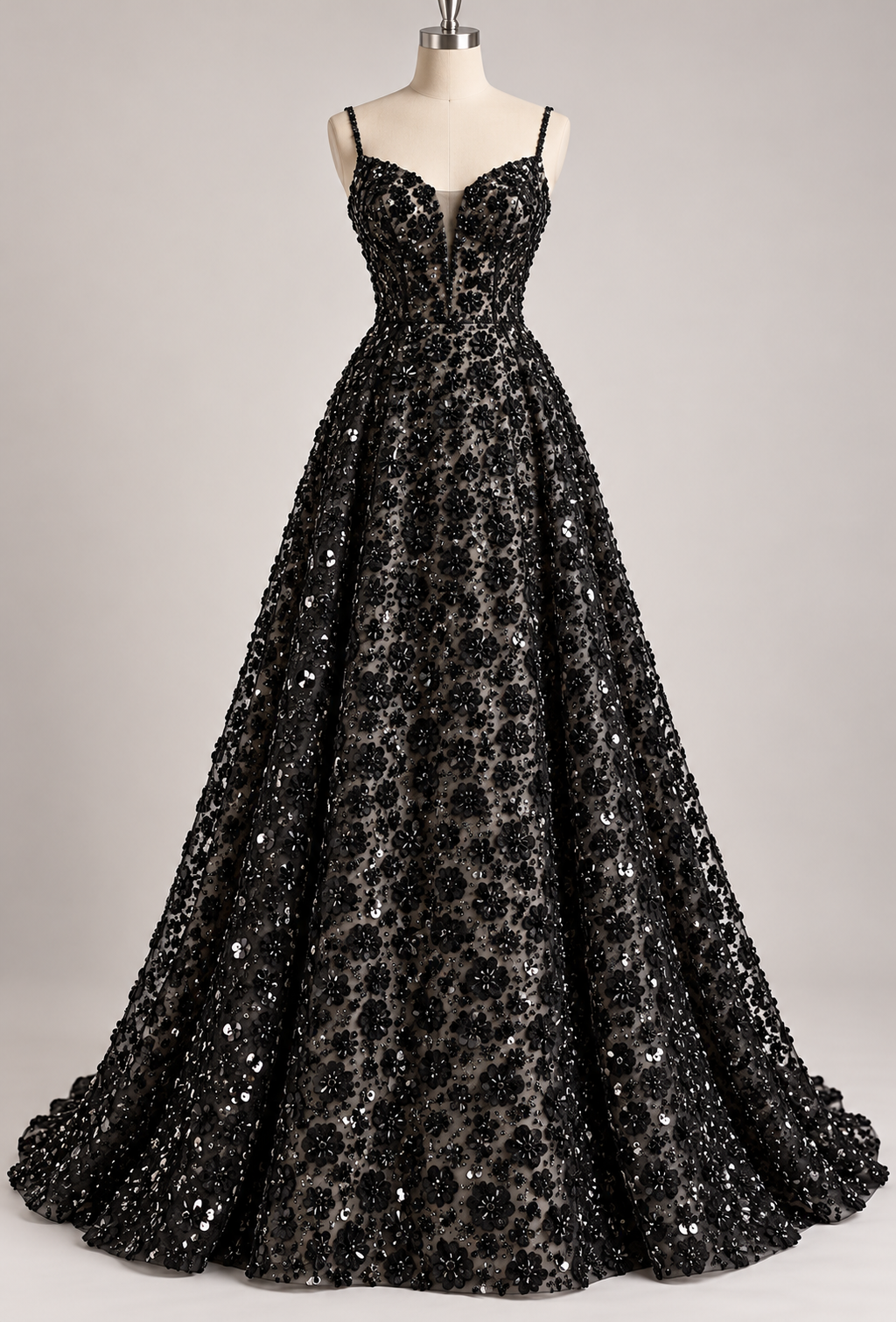 Inspiración de vestido generada con IA: Tul Bordado Con Flores 3d, Lentejuela, Chaquira Y Canutillo Color Negro- HH226 ideal para vestidos de noche y de XV años; se vende la tela.