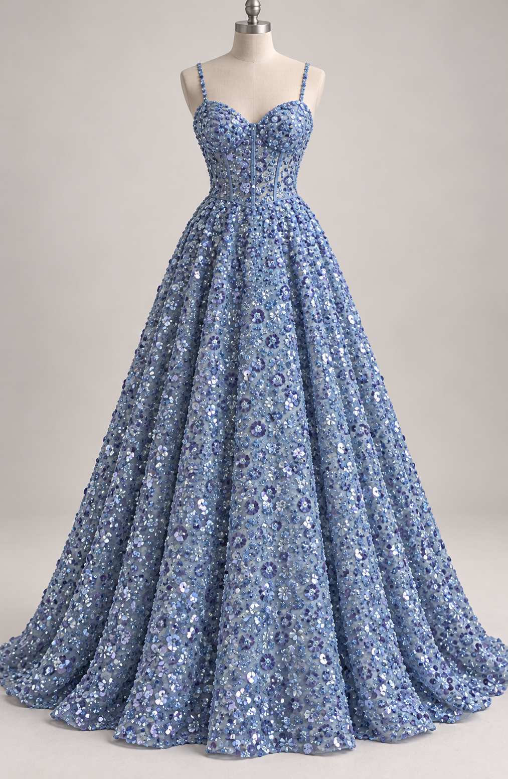 Inspiración de vestido generada con IA: Tul Bordado Con Flores 3d, Lentejuela, Chaquira Y Canutillo Color Azul Periwinkle- HH226 ideal para vestidos de noche y de XV años; se vende la tela.