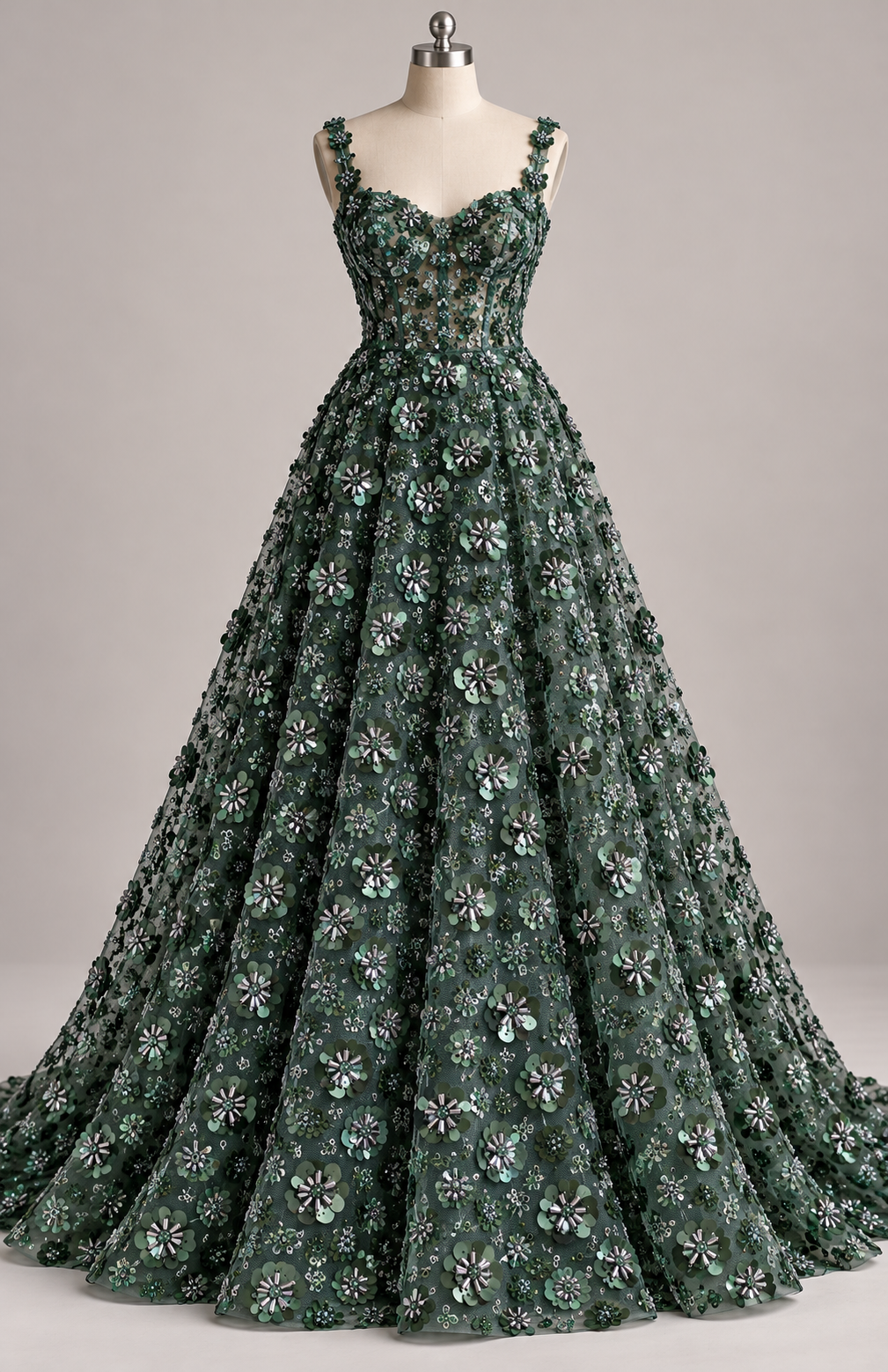 Inspiración de vestido generada con IA: Tul Bordado Con Flores 3d, Lentejuela, Chaquira Y Canutillo Color Botella - HH226 ideal para vestidos de noche y de XV años; se vende la tela.