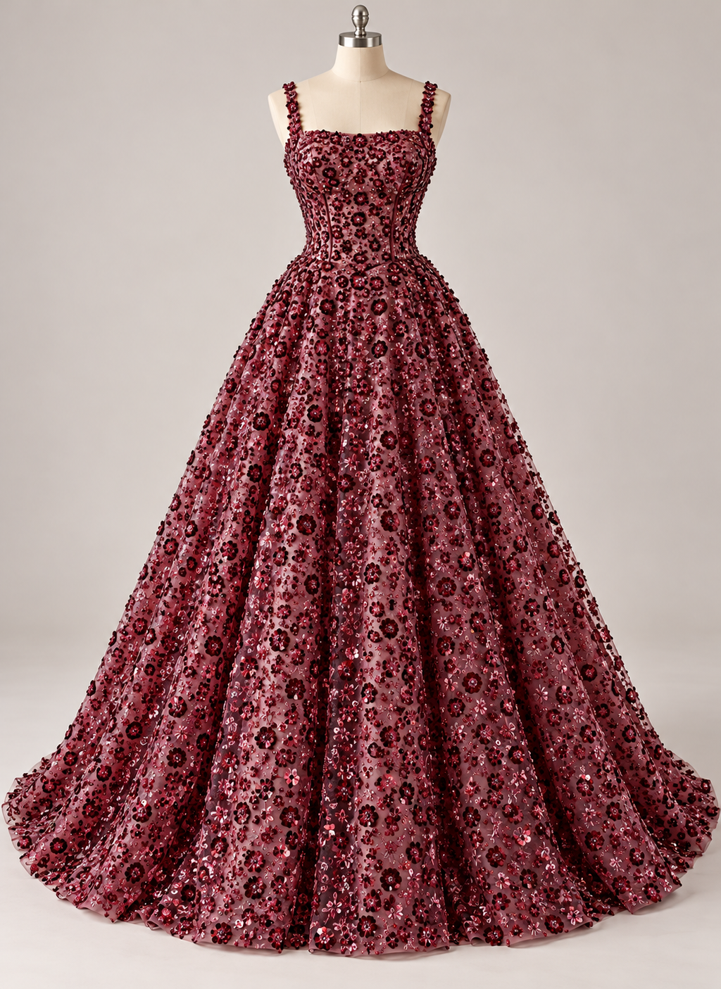 Inspiración de vestido generada con IA: Tul Bordado Con Flores 3d, Lentejuela, Chaquira Y Canutillo Color Vino - HH226 ideal para vestidos de noche y de XV años; se vende la tela.