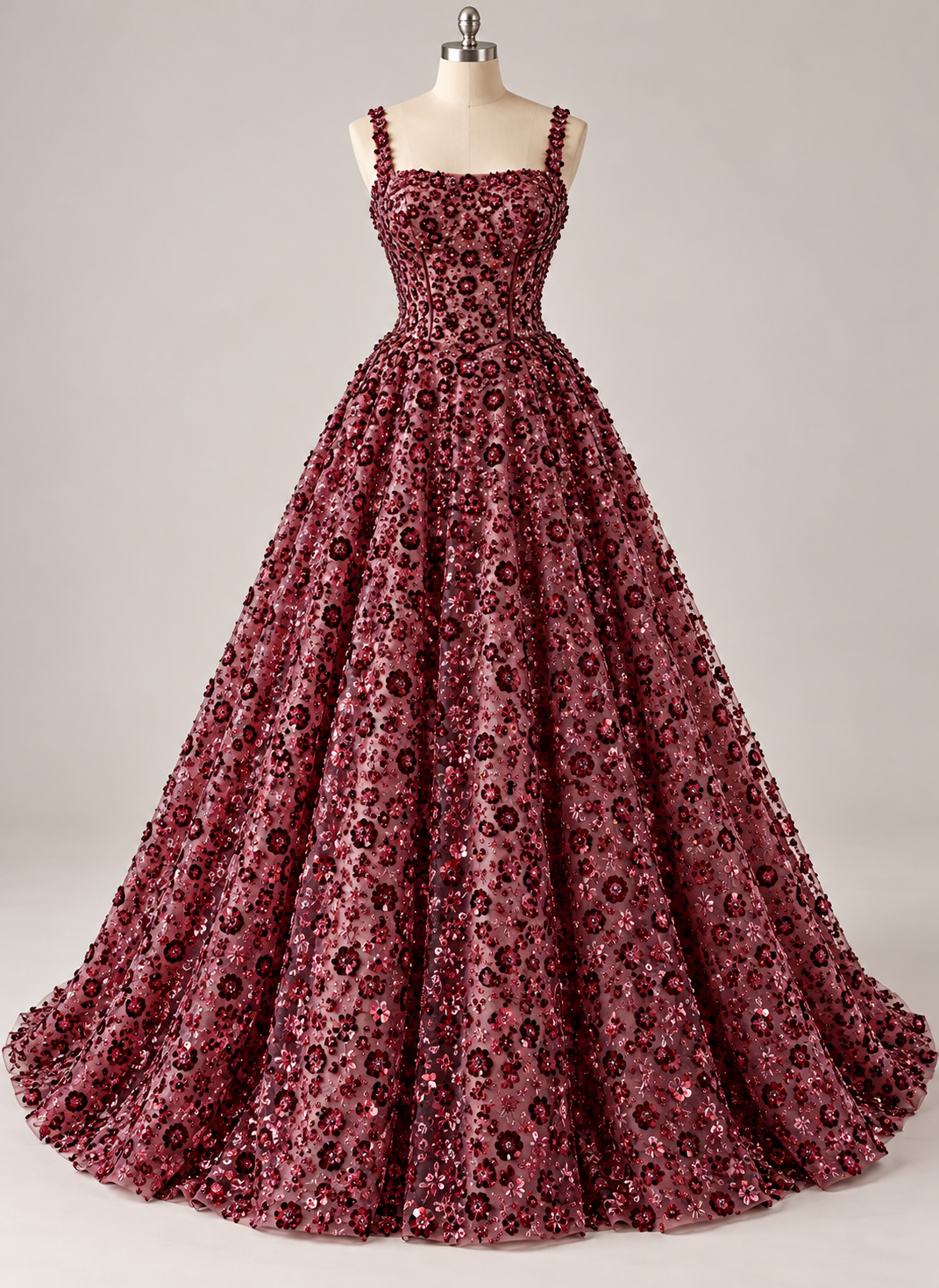 Inspiración de vestido generada con IA: Tul Bordado Con Flores 3d, Lentejuela, Chaquira Y Canutillo Color Vino - HH226 ideal para vestidos de noche y de XV años; se vende la tela.