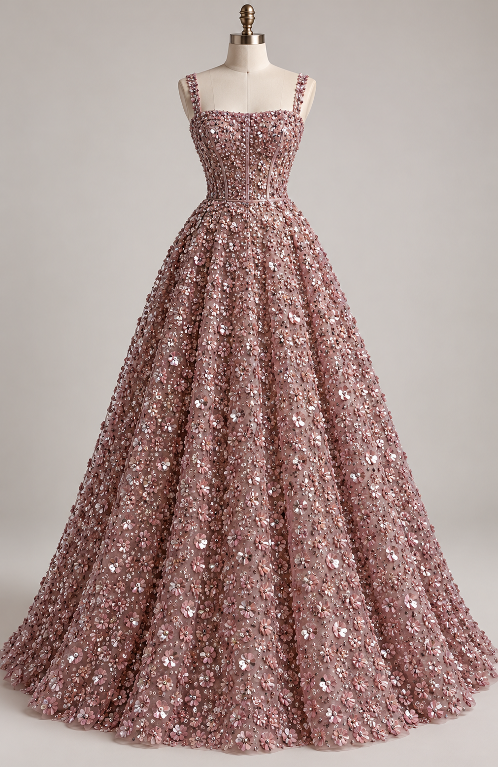 Inspiración de vestido generada con IA: Tul Bordado Con Flores 3d, Lentejuela, Chaquira Y Canutillo Color Palo de Rosa - HH226 ideal para vestidos de noche y de XV años (Copia); se vende la tela.