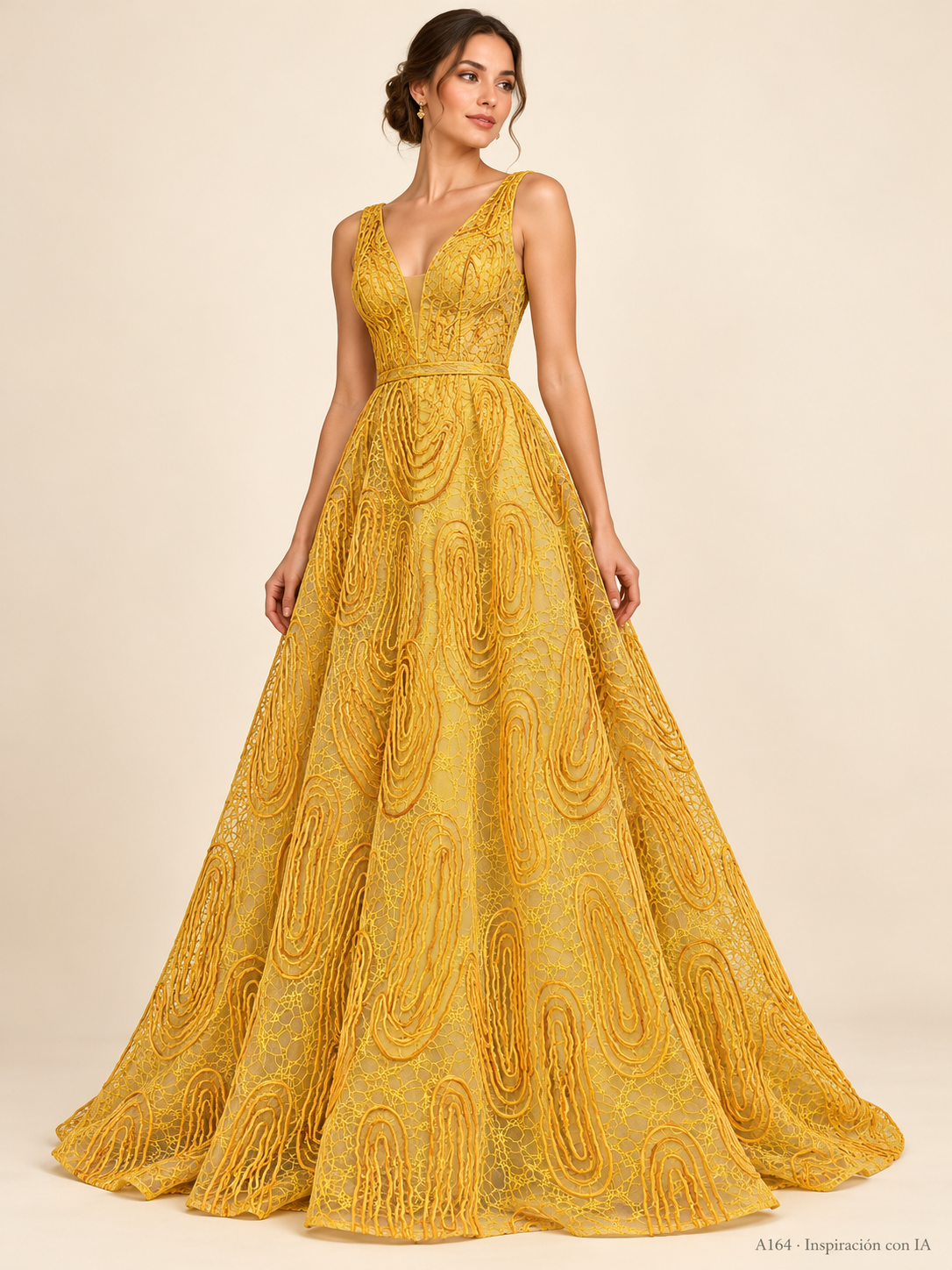 A164 amarillo: vestido de inspiración generado con IA basado en la tela real. Se vende tela por metro.