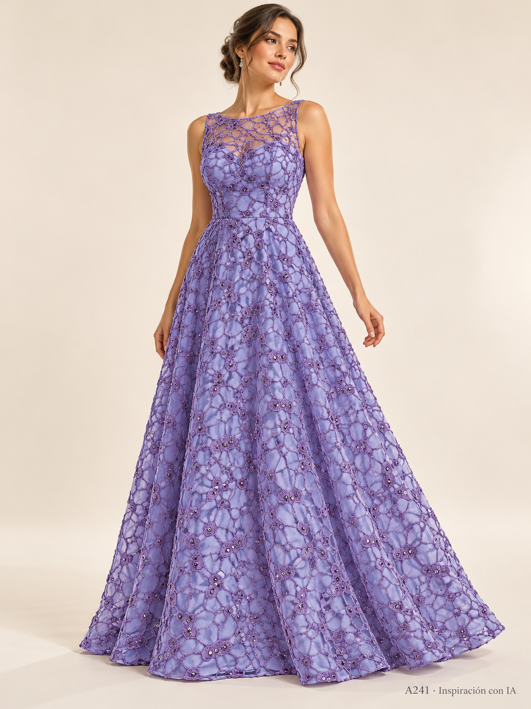 A241 Lila Medio · Inspiración con IA · 7738703085646. Ilustración de vestido basada en la fotografía de esta tela. Se vende tela por metro.
