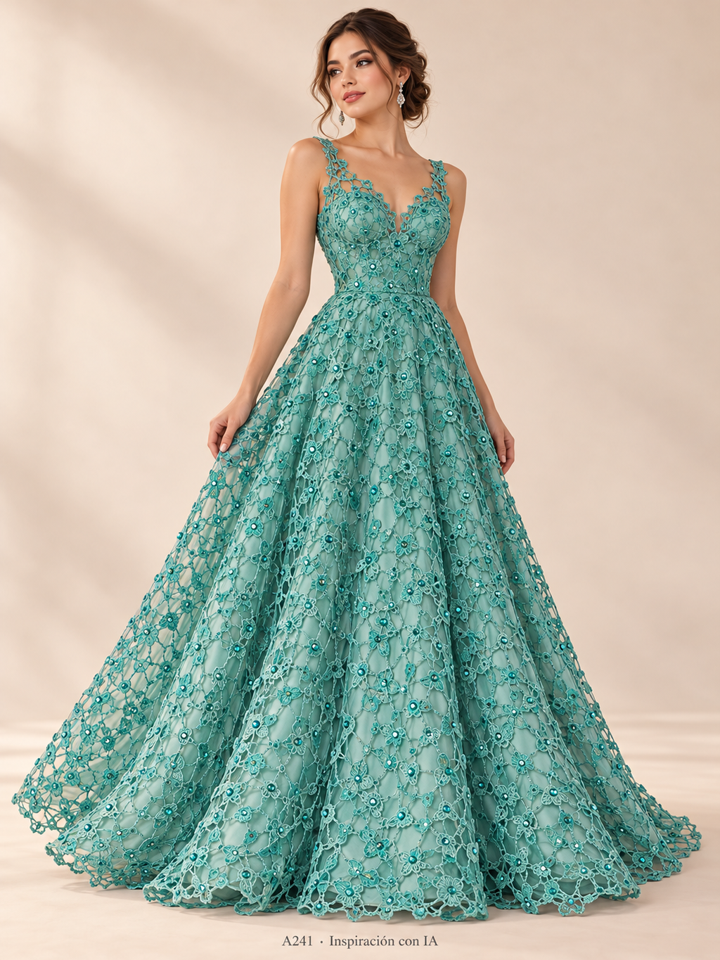 A241 · Inspiración de vestido generada con IA basada en esta tela. Se vende tela por metro.
