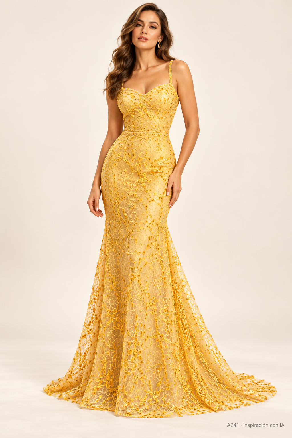 A241 amarillo: vestido de inspiración con IA basado en la tela real. Se vende tela por metro.