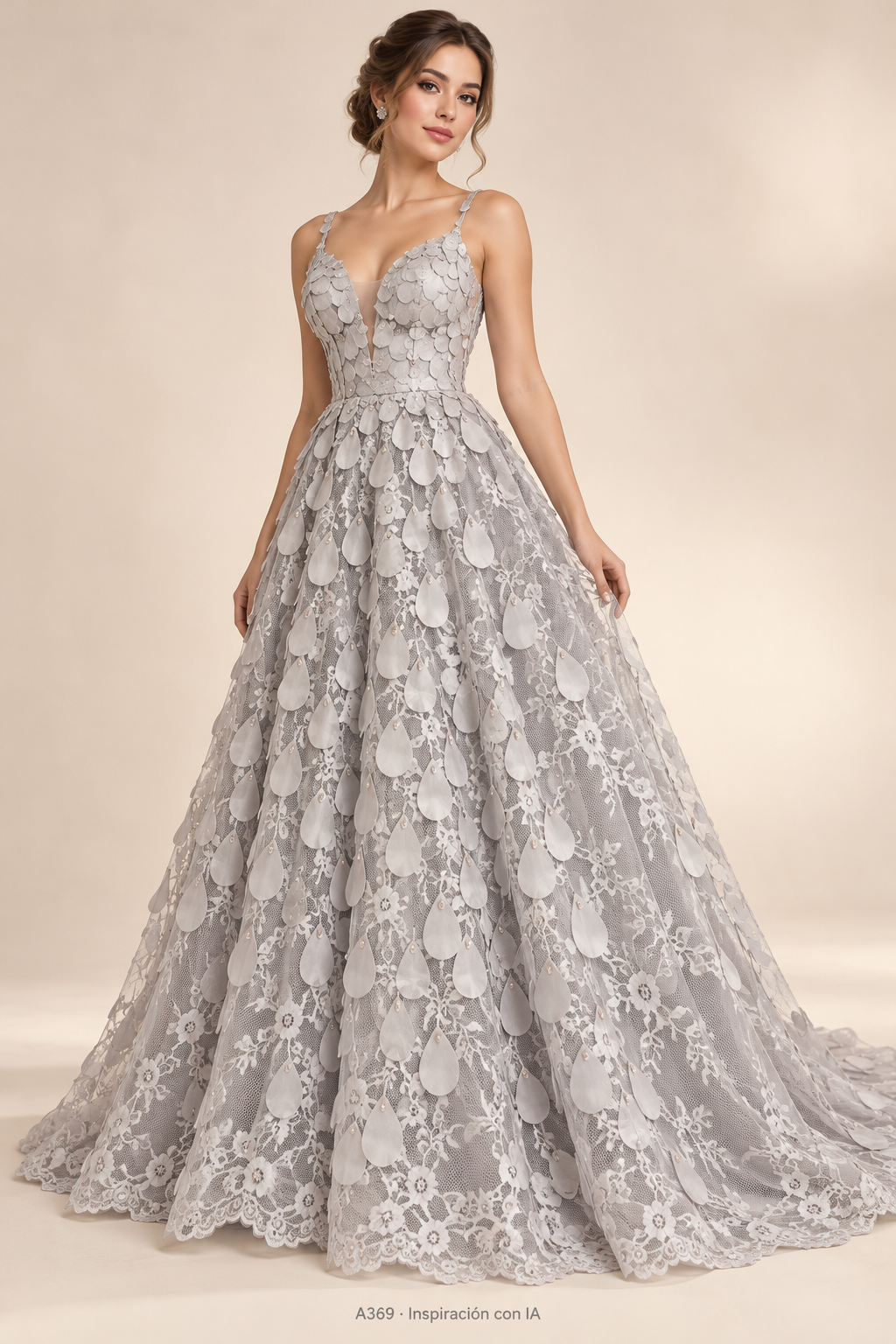 A369 · Inspiración de vestido generada con IA basada en esta tela. Se vende tela por metro.