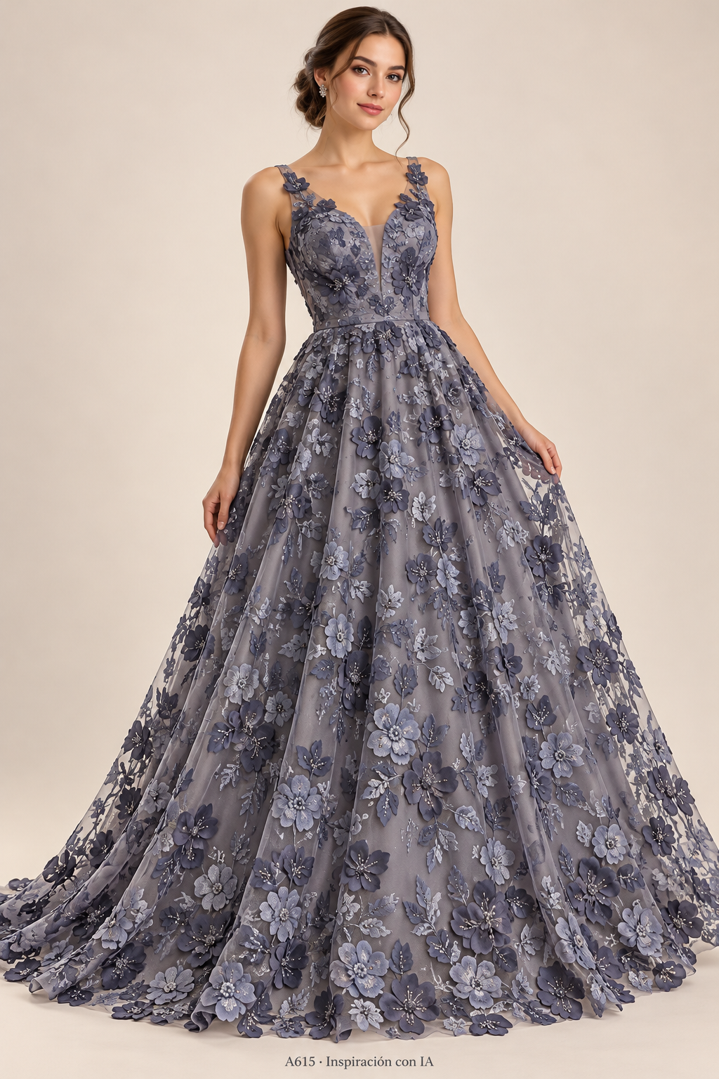 A615 · Inspiración de vestido generada con IA basada en esta tela. Se vende tela por metro.