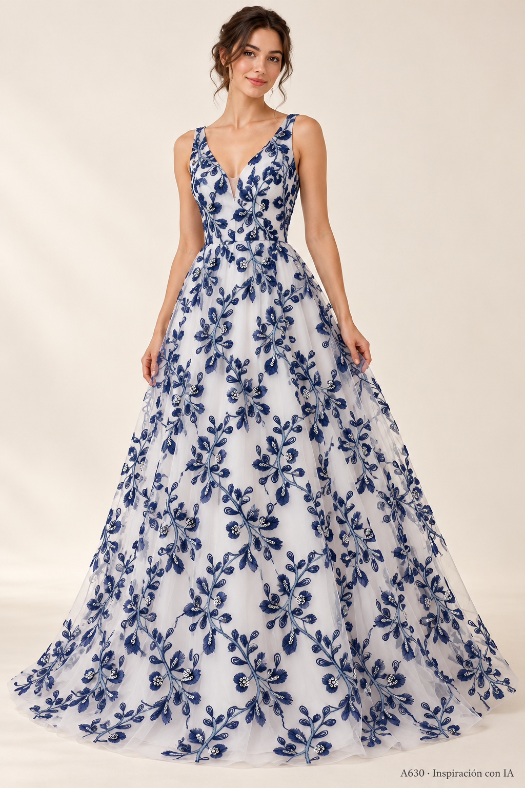 A630: vestido de inspiración con IA basado en esta tela. Se vende tela por metro.