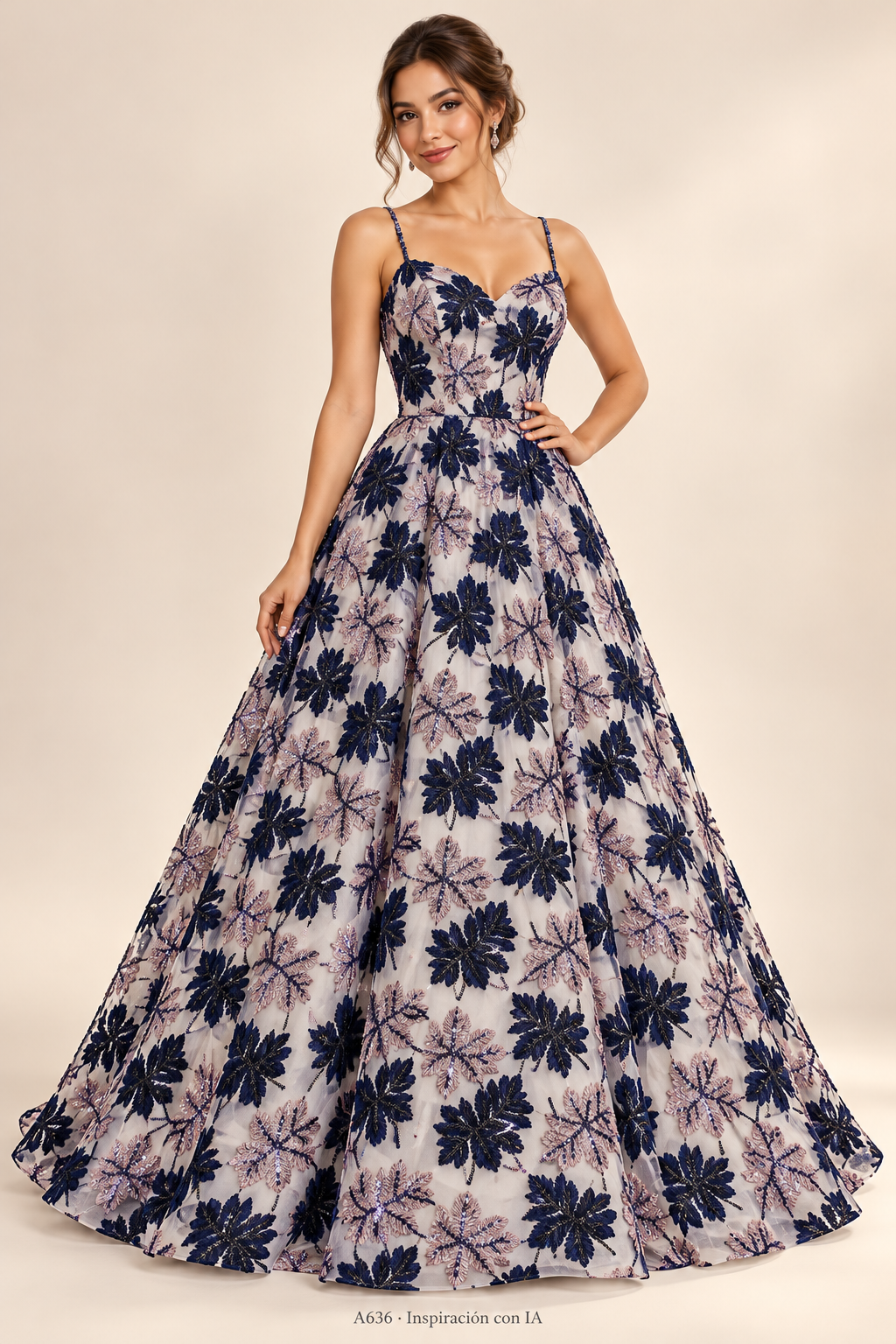 A636 · Inspiración de vestido generada con IA basada en esta tela. Se vende tela por metro.