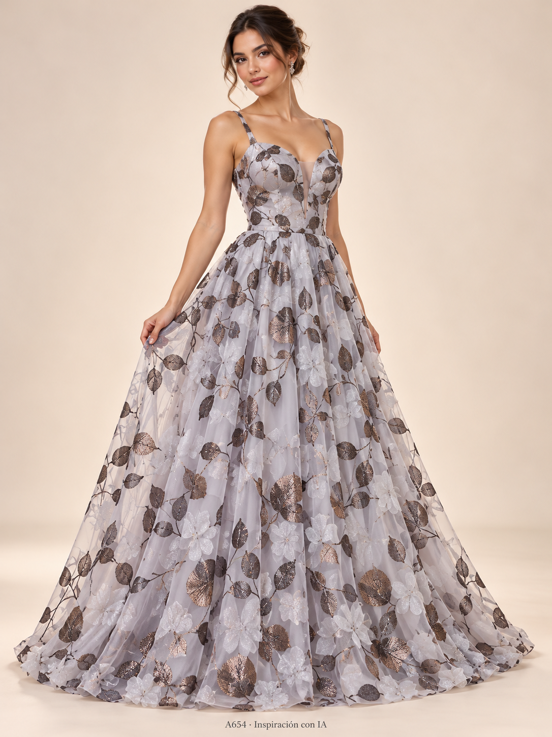 A654 · Inspiración de vestido generada con IA basada en esta tela. Se vende tela por metro.