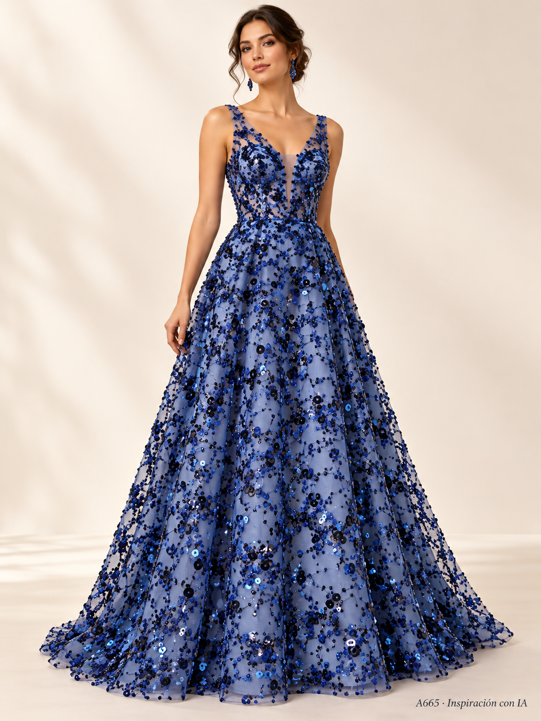 A665 azul marino · Inspiración con IA · 7739630092366. Ilustración de vestido basada en la fotografía de esta tela. Se vende tela por metro.