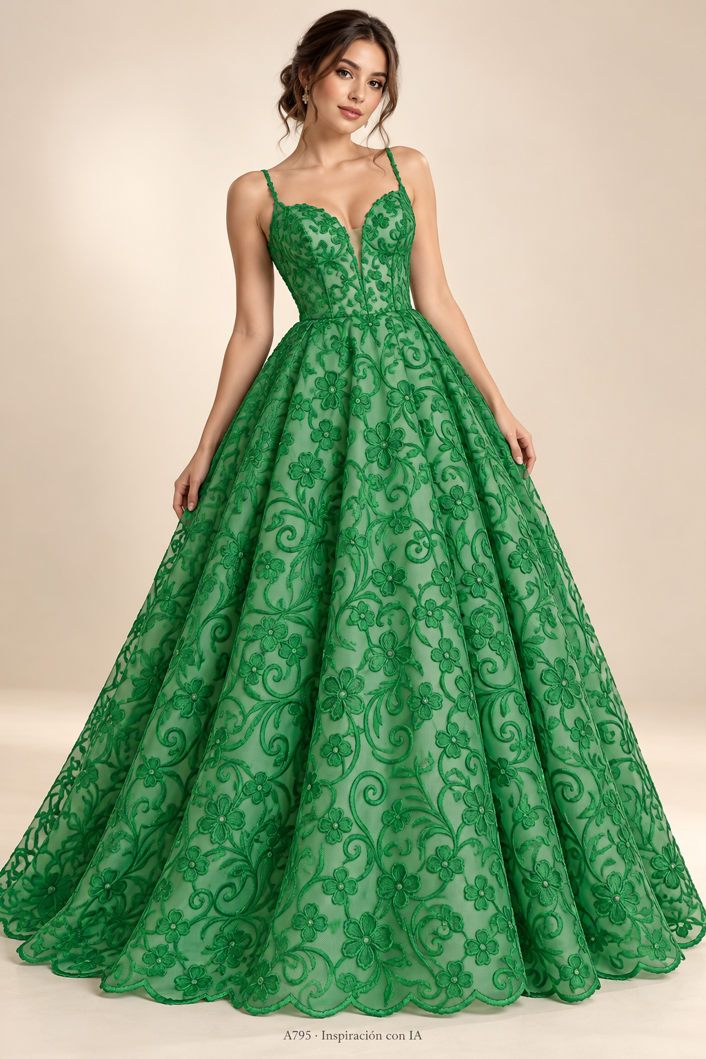 A795 · Inspiración de vestido generada con IA basada en esta tela. Se vende tela por metro.