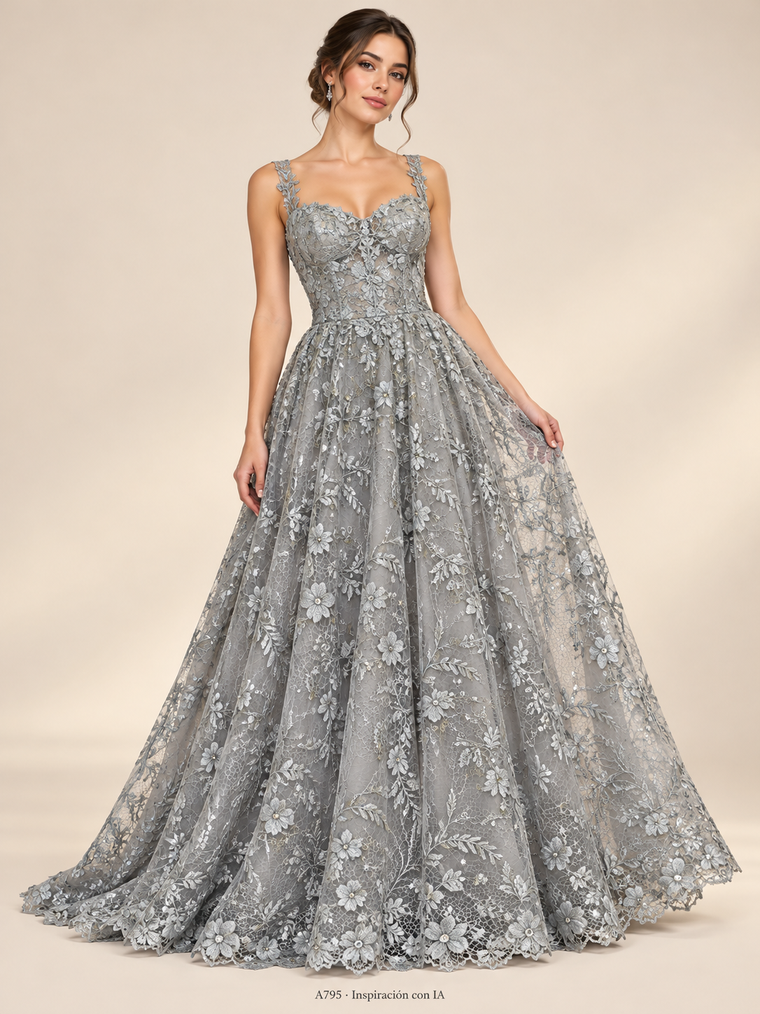 A795 · Inspiración de vestido generada con IA basada en esta tela. Se vende tela por metro.