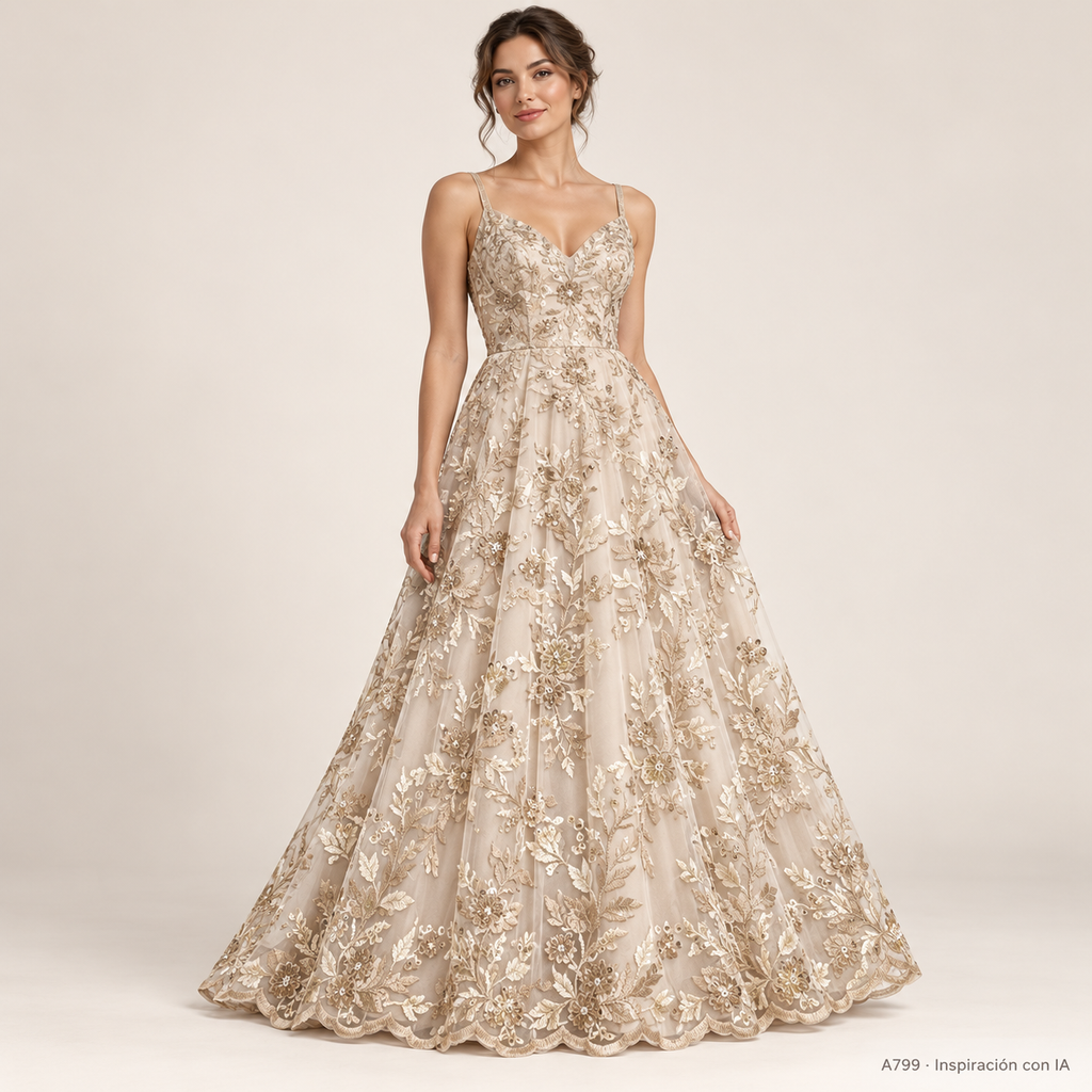 A799: vestido de inspiración con IA basado en esta tela. Se vende tela por metro.