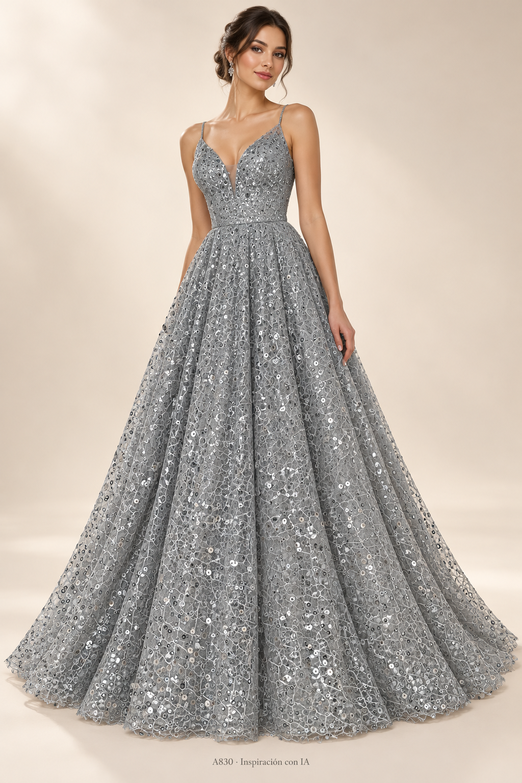 A830 · Inspiración de vestido generada con IA basada en esta tela. Se vende tela por metro.