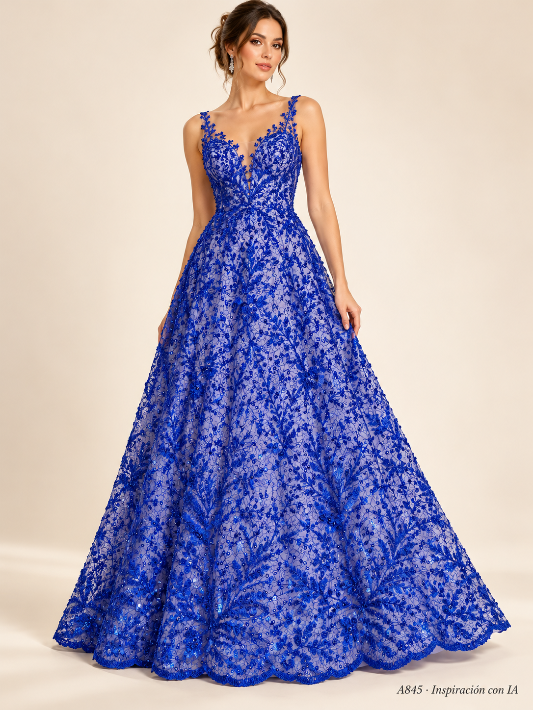 A845 azul rey · Inspiración con IA · 7739635499086. Ilustración de vestido basada en la fotografía de esta tela. Se vende tela por metro.