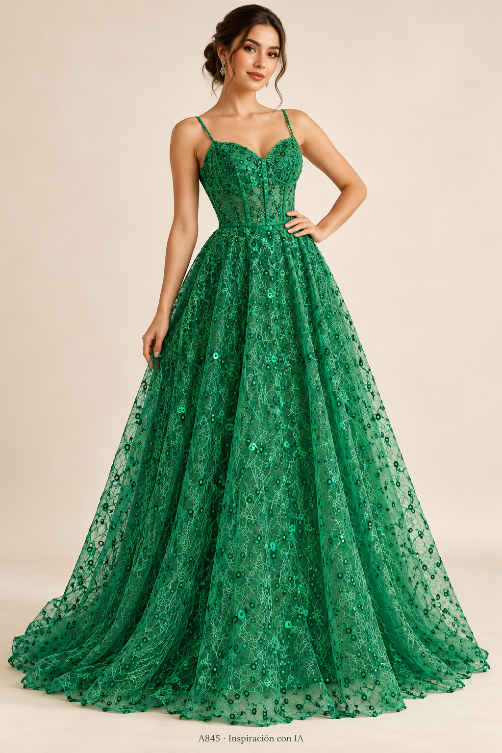 A845 · Inspiración de vestido generada con IA basada en esta tela. Se vende tela por metro.