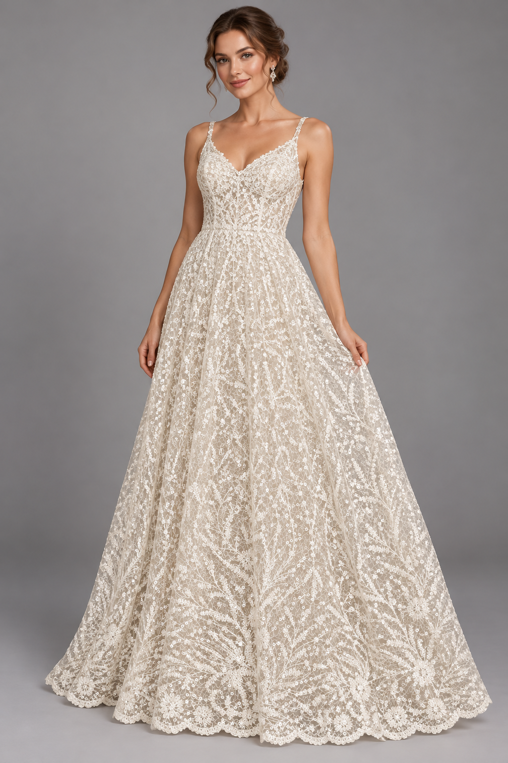 Inspiración de vestido generada con IA con tela A845-hueso; se vende la tela.