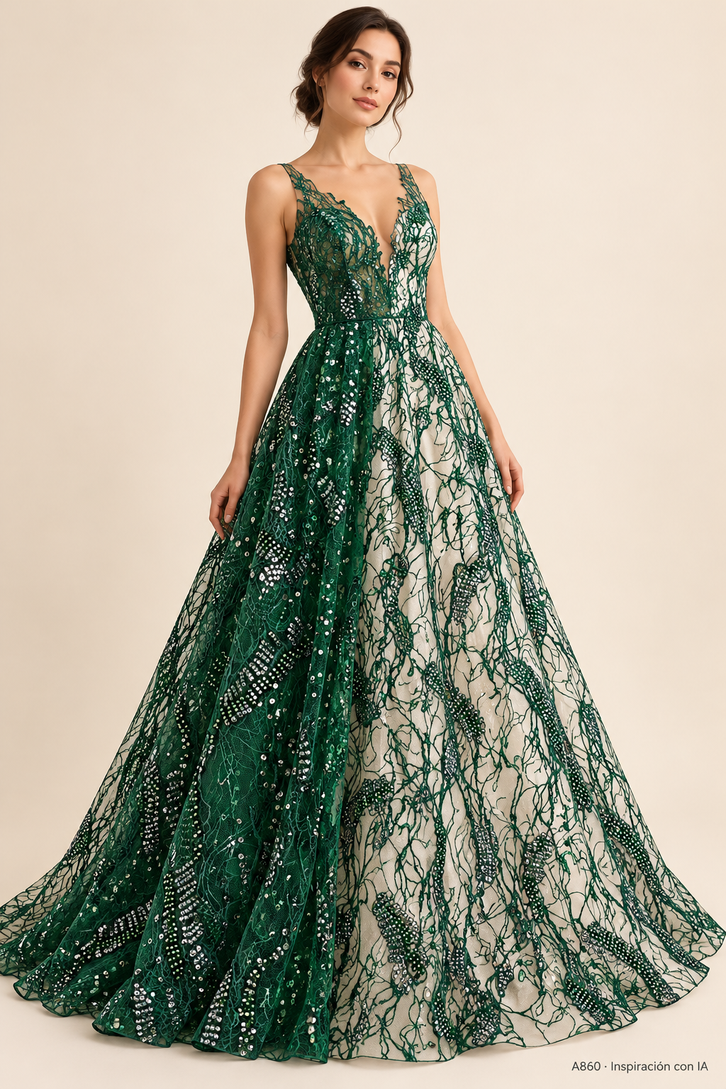 A860: vestido de inspiración con IA basado en esta tela. Se vende tela por metro.