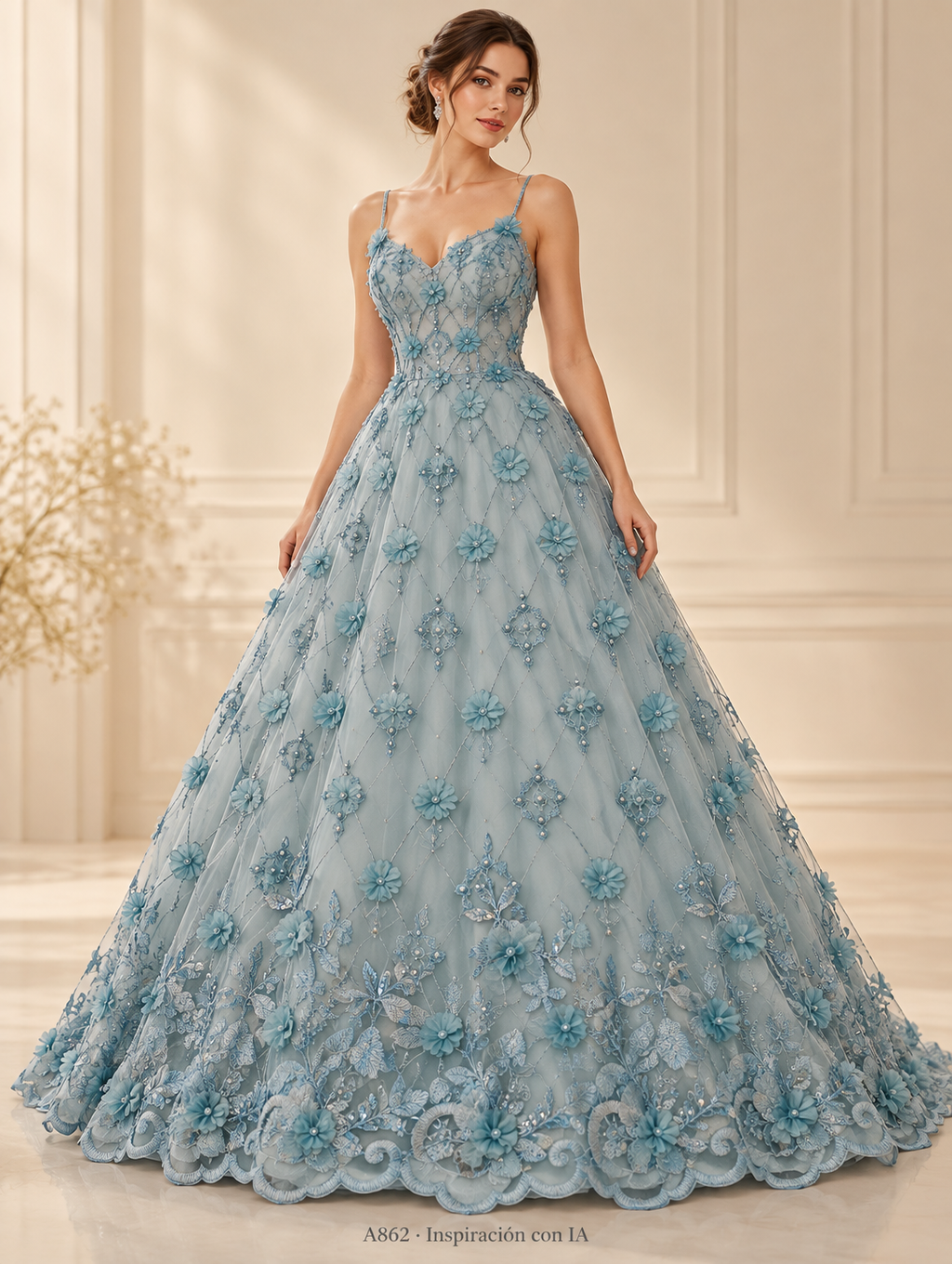 A862 · Inspiración de vestido generada con IA basada en esta tela. Se vende tela por metro.