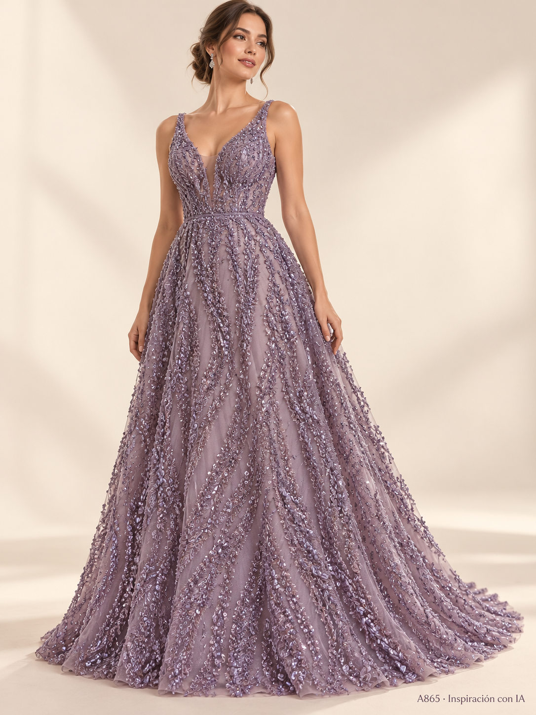 A865 Mauve · Inspiración con IA · 7738719273038. Ilustración de vestido basada en la fotografía de esta tela. Se vende tela por metro.