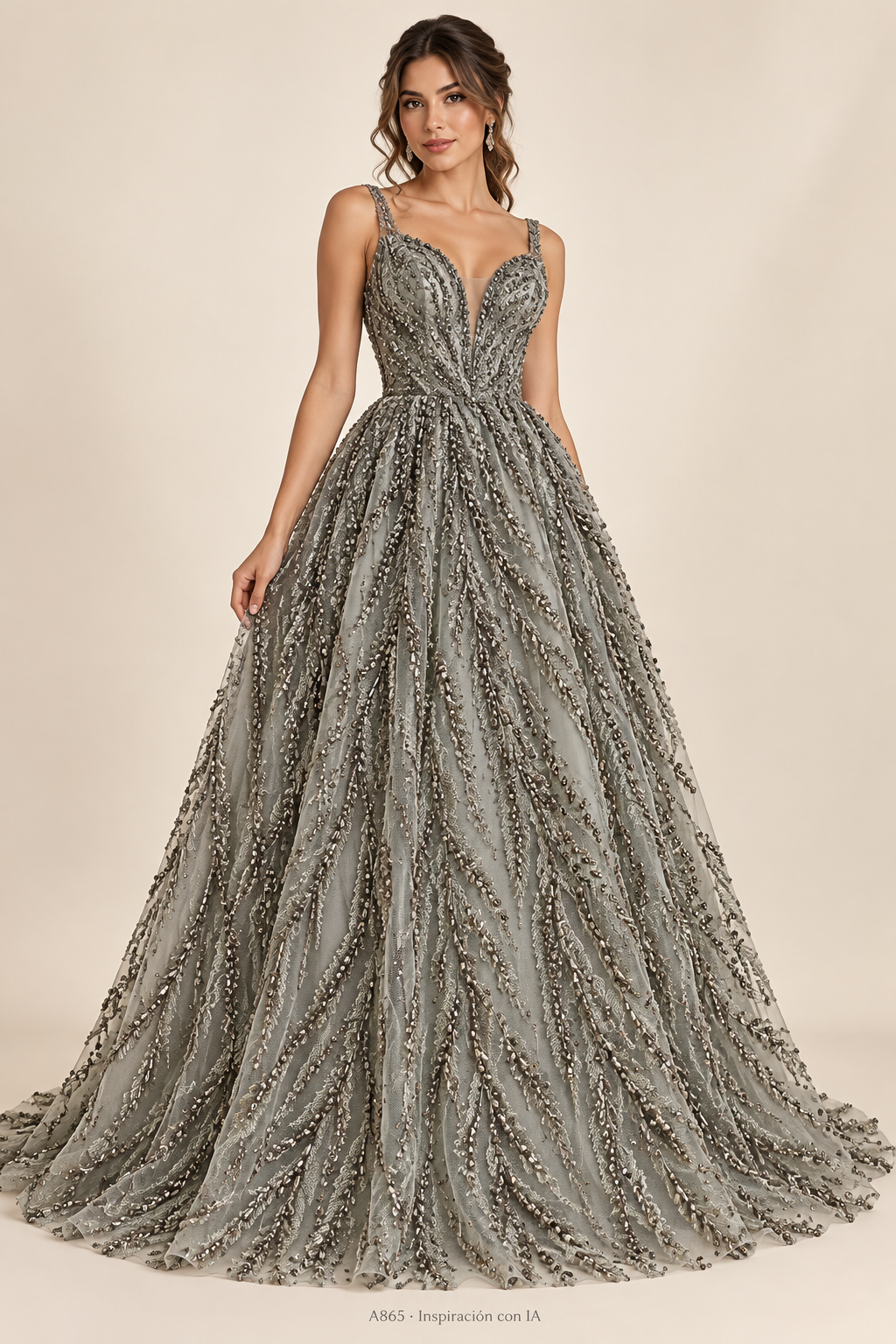 A865 · Inspiración de vestido generada con IA basada en esta tela. Se vende tela por metro.