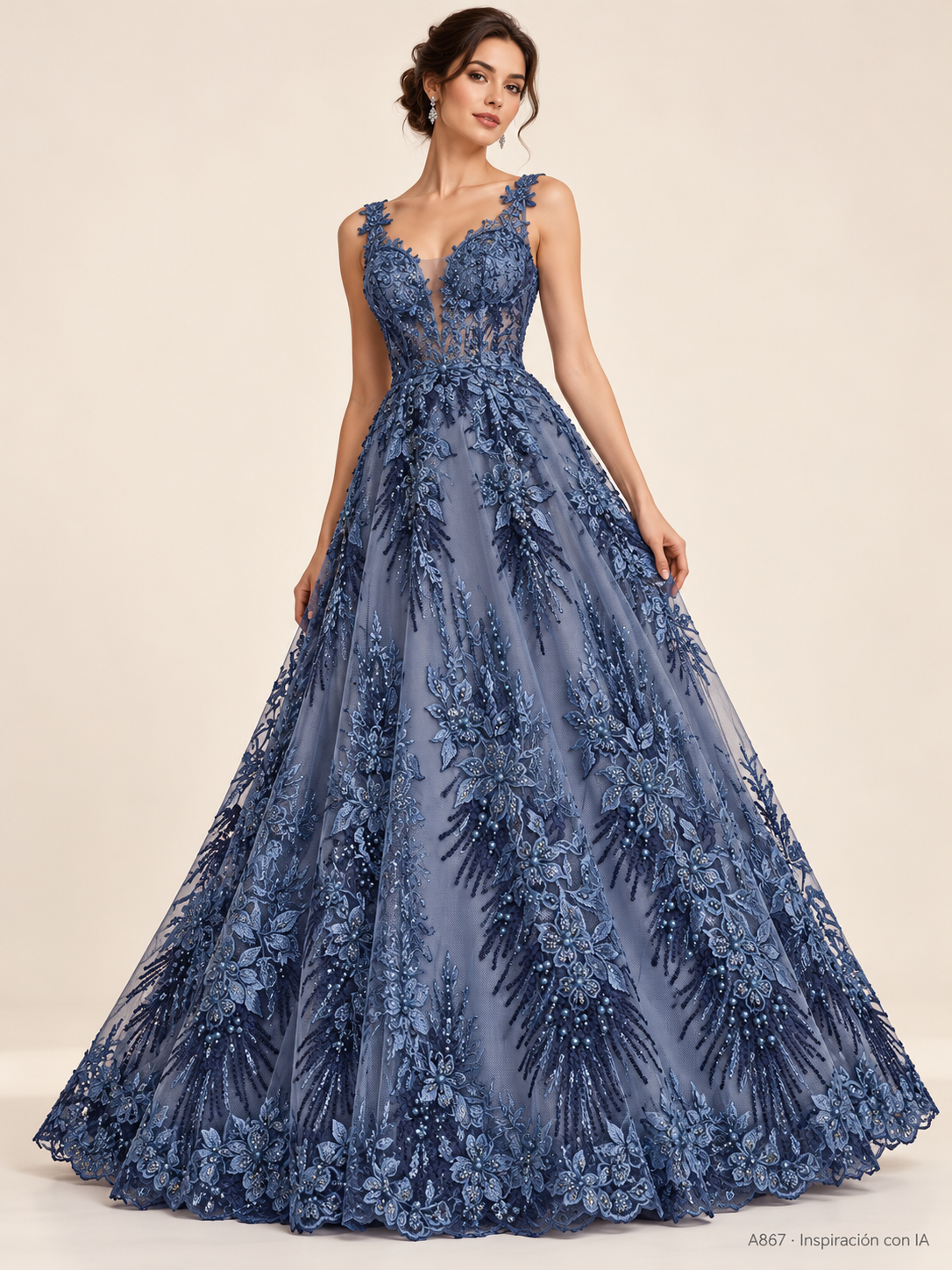 A867 · Inspiración con IA · 7739635892302. Vestido ilustrativo basado en esta tela. Se vende tela por metro.