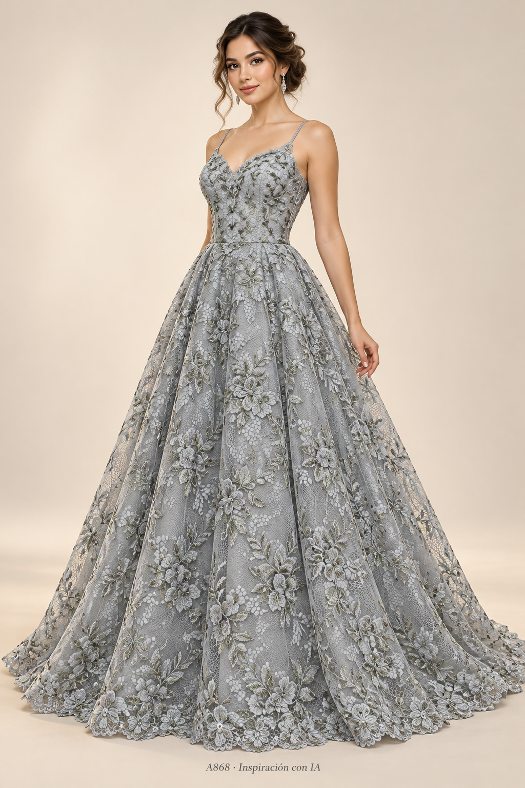 A868 · Inspiración de vestido generada con IA basada en esta tela. Se vende tela por metro.