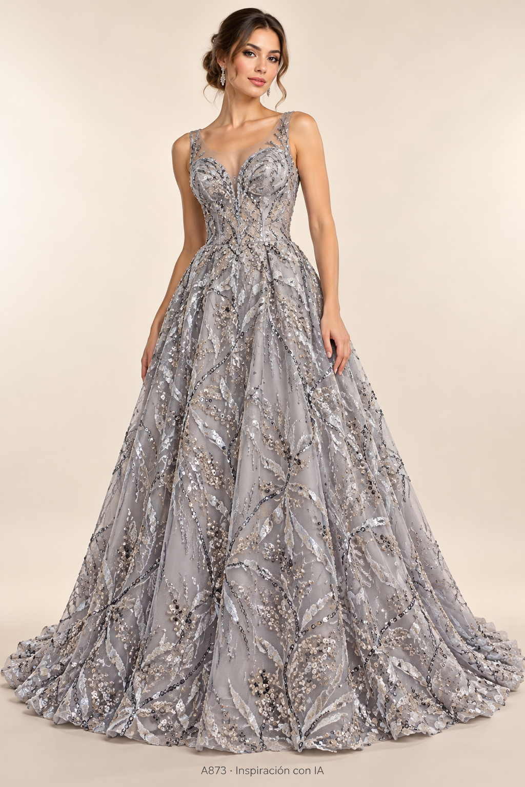 A873 · Inspiración de vestido generada con IA basada en esta tela. Se vende tela por metro.